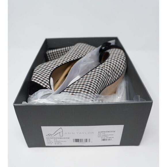 NIB Ann Taylor Kaia Black Velvet Bow Block Heeled Pump Baked Pecan Houndstooth - Picture 10 of 11